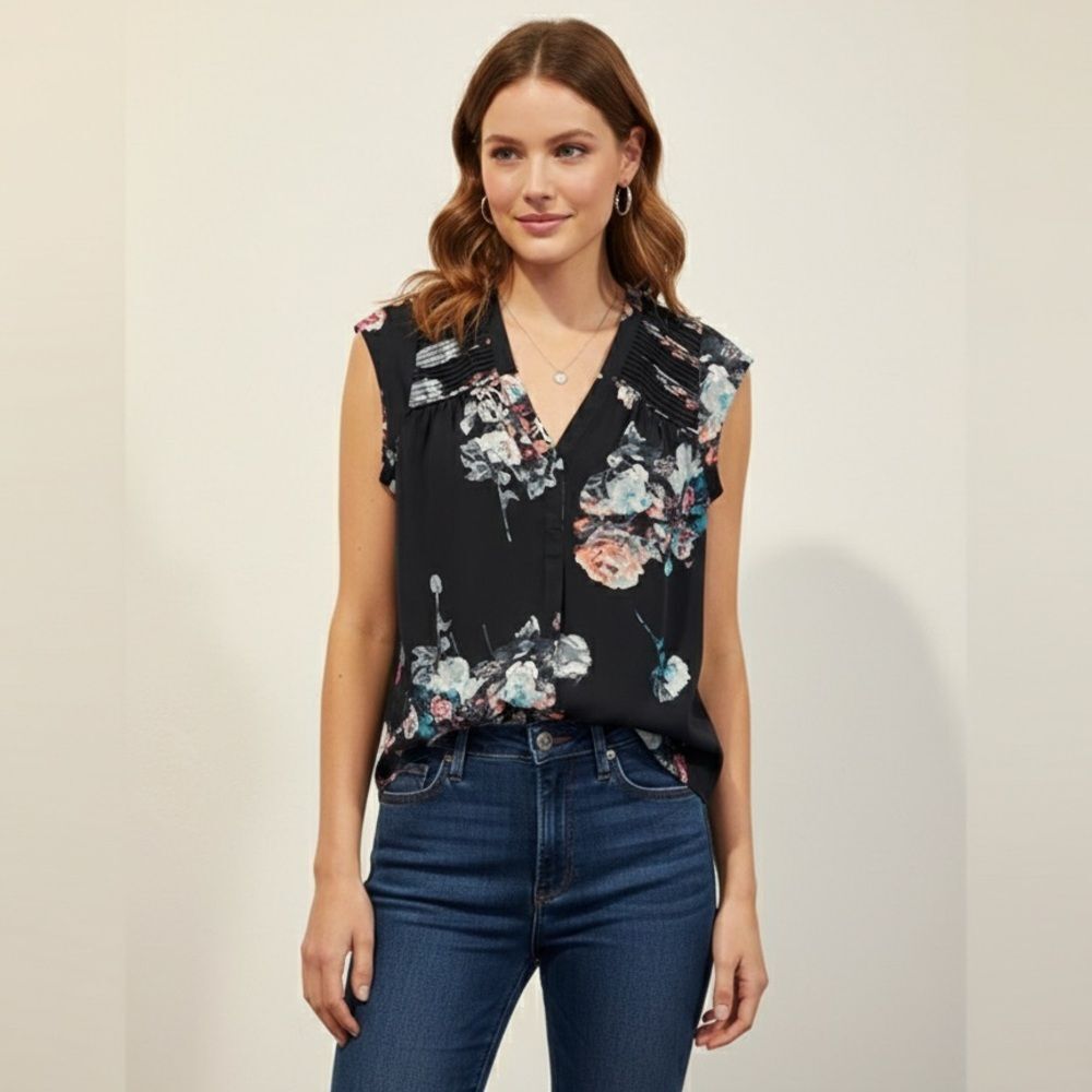 Black Rainn Black Floral Cap-Sleeve V-Neck Blouse